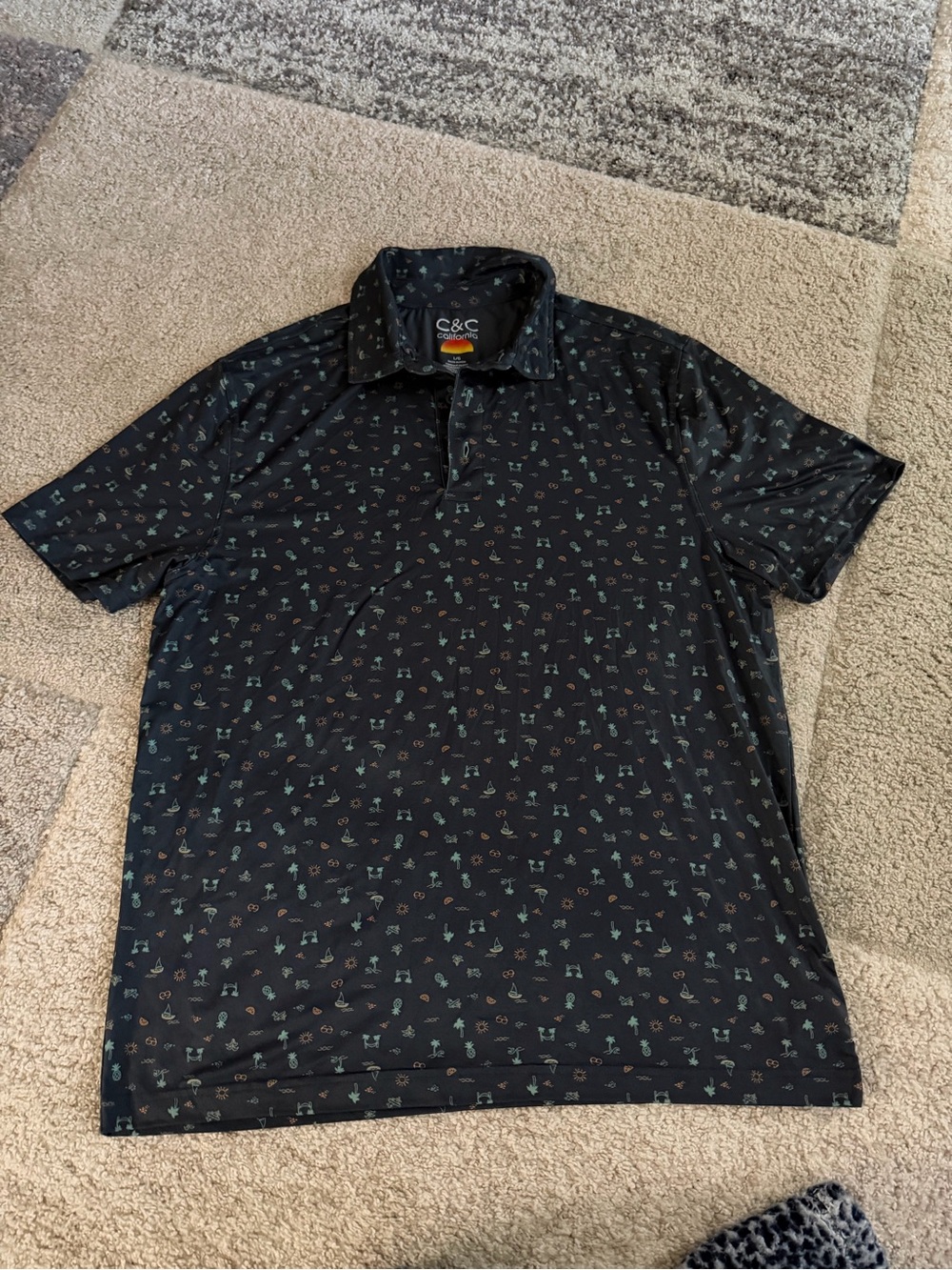 C&C California Dark Green Polo with Tiny Teal & Brown Motifs Mens Large